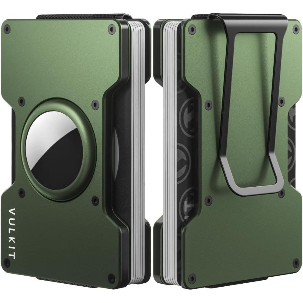 image:imageVULKIT Mens Metal Wallet with Money Clip Slim Credit Card Holder with Airtag Holder Minimalist Front Pocket Wallet for MenGreenGreen