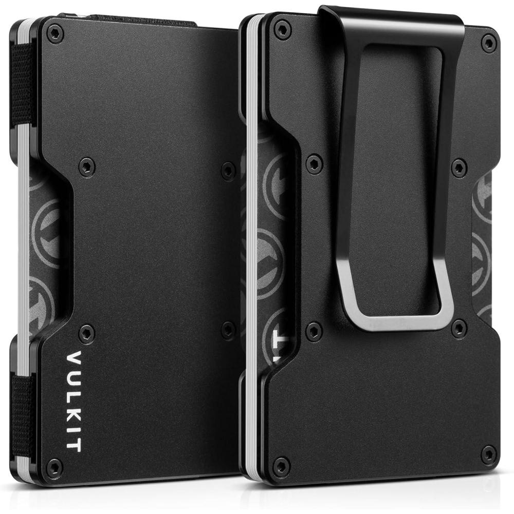 image:imageVULKIT Mens Metal Wallet with Money Clip Slim Credit Card Holder with Airtag Holder Minimalist Front Pocket Wallet for MenGreenliteBlack