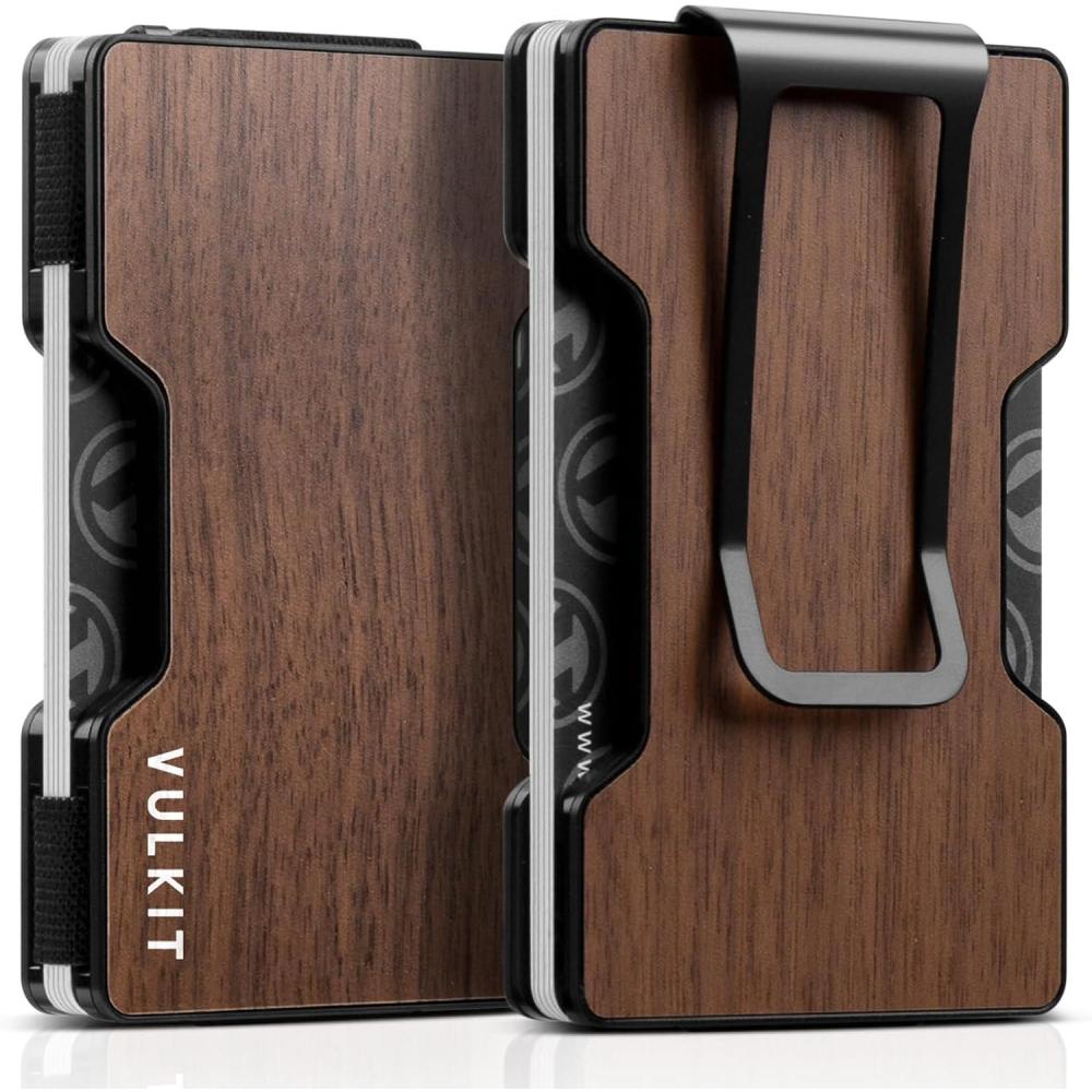 image:imageVULKIT Mens Metal Wallet with Money Clip Slim Credit Card Holder with Airtag Holder Minimalist Front Pocket Wallet for MenGreenliteWood