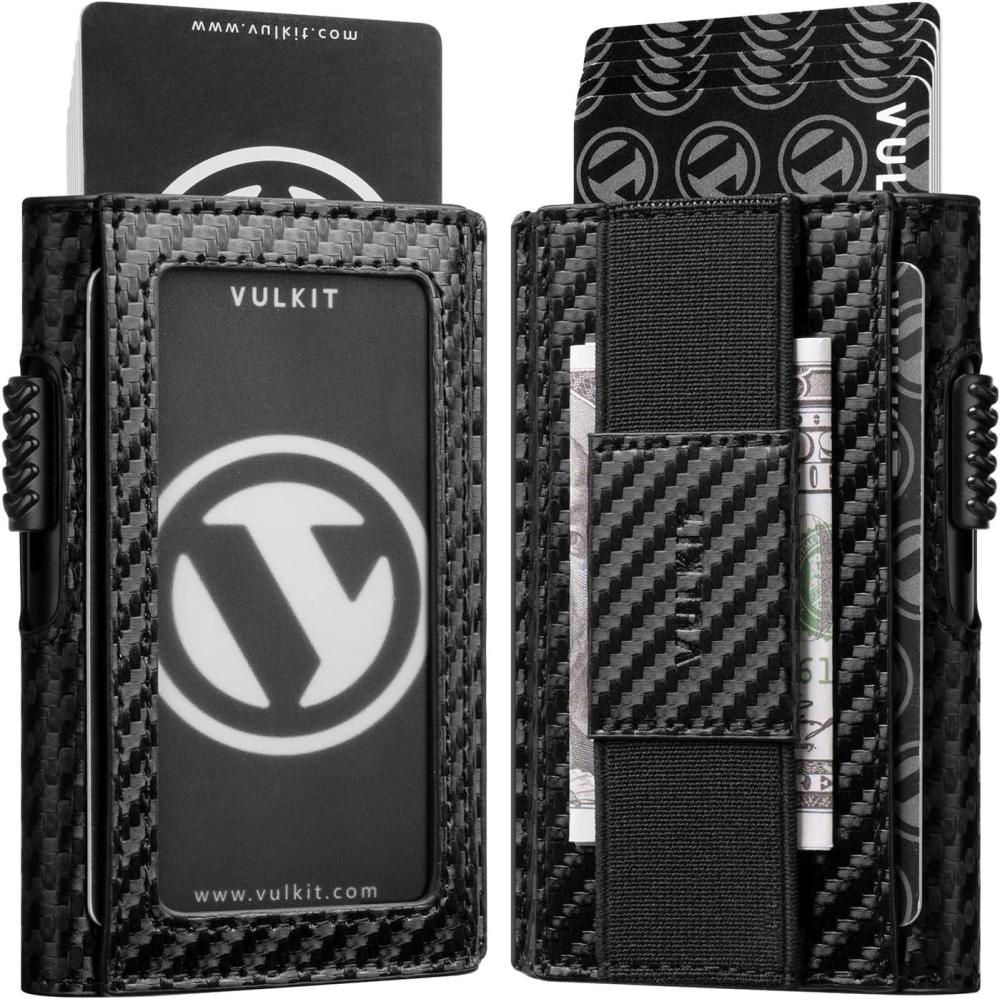 image:imageVULKIT Mens Minimalist Wallet for Max 8 Cards with PopUp Credit Card Ejector RFID Blocking ID Window and Elastic Strap for Bills or Keyring Gift Box Packed BlueCarbon Black