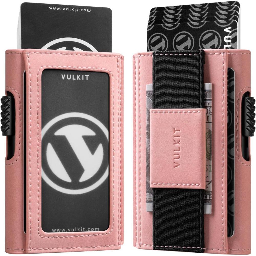 image:imageVULKIT Mens Minimalist Wallet for Max 8 Cards with PopUp Credit Card Ejector RFID Blocking ID Window and Elastic Strap for Bills or Keyring Gift Box Packed BluePink