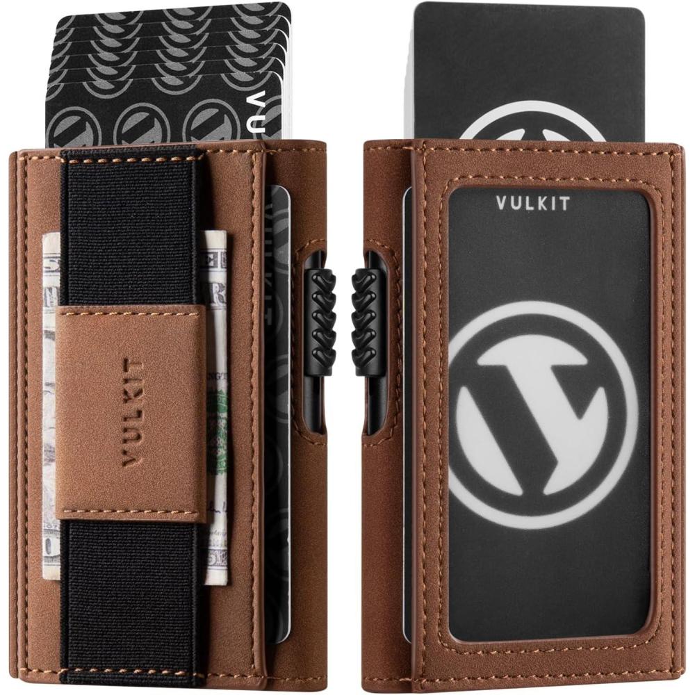 image:imageVULKIT Mens Minimalist Wallet for Max 8 Cards with PopUp Credit Card Ejector RFID Blocking ID Window and Elastic Strap for Bills or Keyring Gift Box Packed BlueBrown
