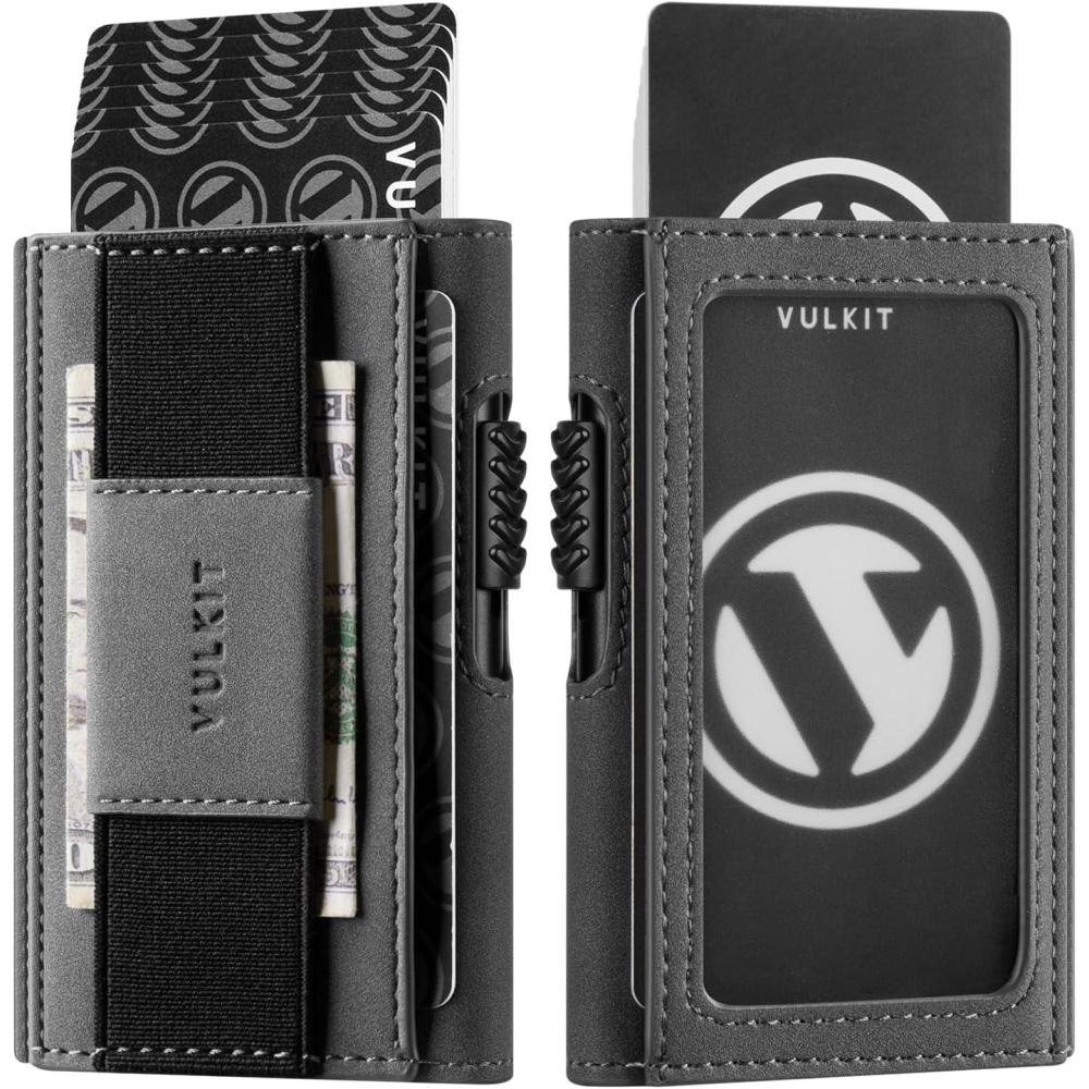 image:imageVULKIT Mens Minimalist Wallet for Max 8 Cards with PopUp Credit Card Ejector RFID Blocking ID Window and Elastic Strap for Bills or Keyring Gift Box Packed BlueGrey