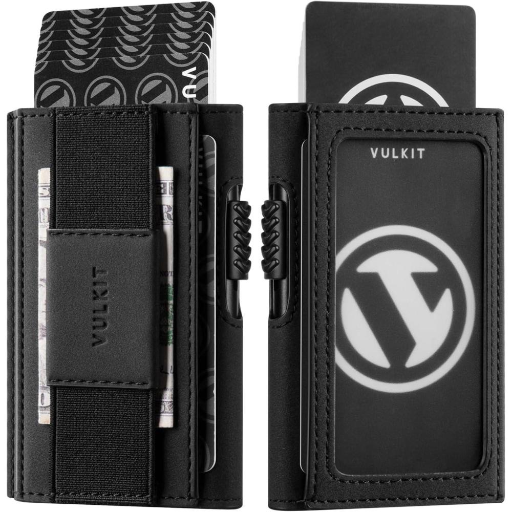 image:imageVULKIT Mens Minimalist Wallet for Max 8 Cards with PopUp Credit Card Ejector RFID Blocking ID Window and Elastic Strap for Bills or Keyring Gift Box Packed BlueBlack