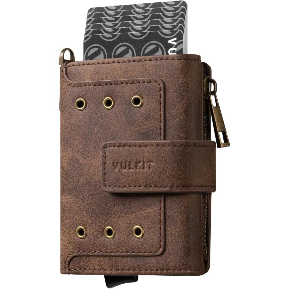 image:imageVULKIT Mens Wallet RFID Protected with POP UP Credit Card Ejector Case ID Window Zipper Pocket for Coins and Compartment for BillsBanknotes Coffee BrownCoffee Brown
