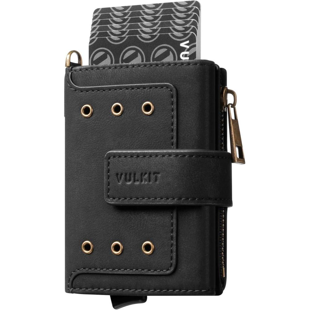 image:imageVULKIT Mens Wallet RFID Protected with POP UP Credit Card Ejector Case ID Window Zipper Pocket for Coins and Compartment for BillsBanknotes Coffee BrownMatt Black