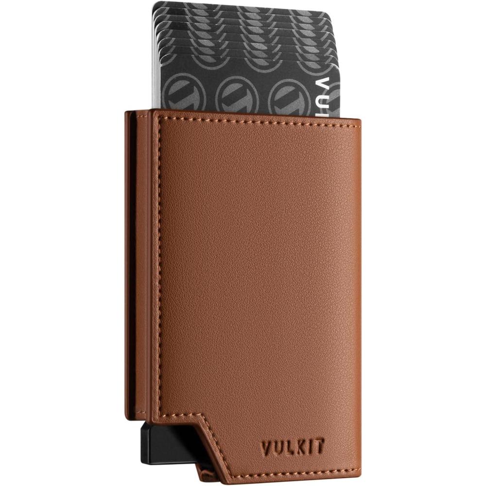 image:imageVULKIT Mens Wallet Top Grain Leather Minimalist Pop Up Card Holder RFID Blocking Magnetic Closure Leather Wallet with ID Window for Cash amp Credit Cards Up To 11 CardsBrown