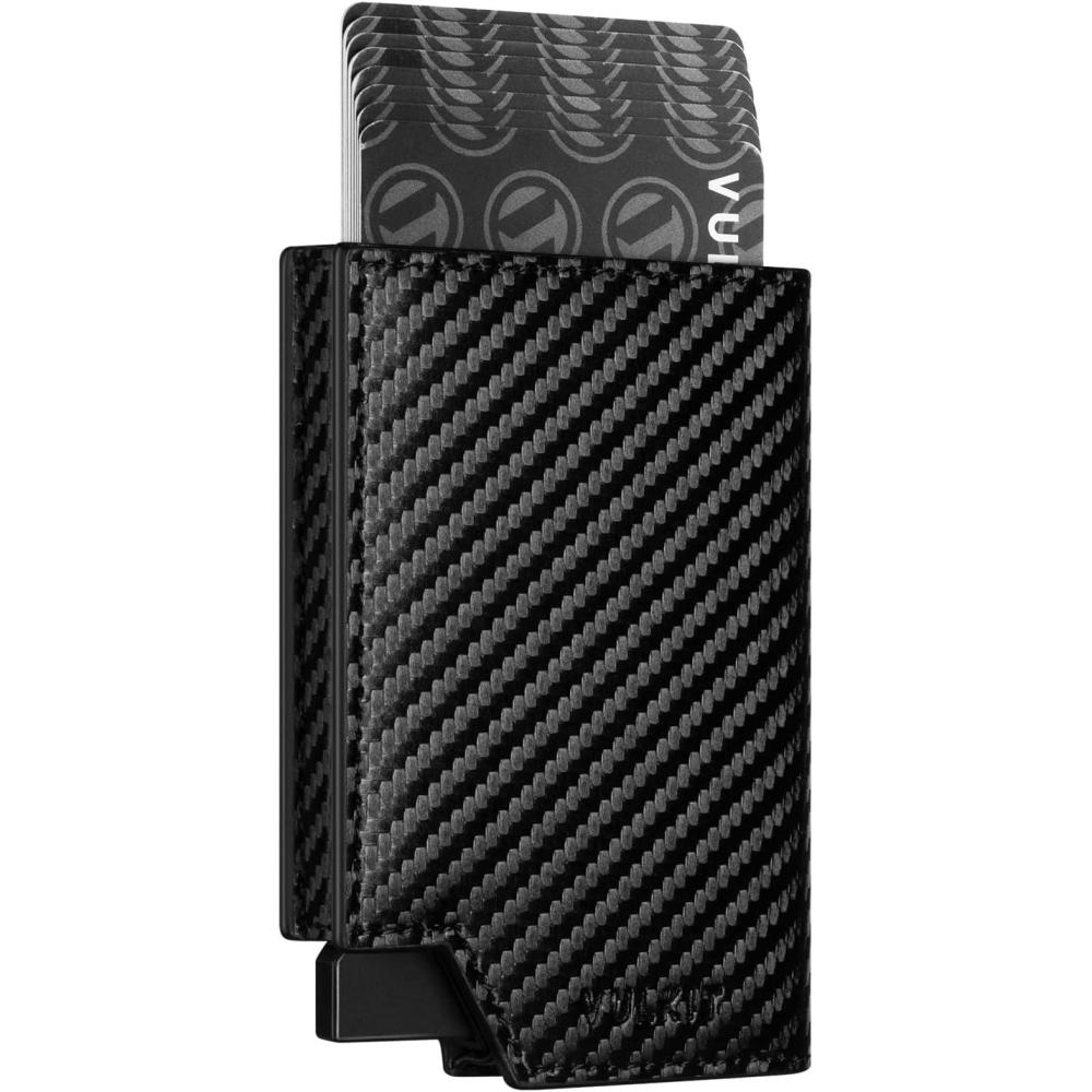 image:imageVULKIT Mens Wallet Top Grain Leather Minimalist Pop Up Card Holder RFID Blocking Magnetic Closure Leather Wallet with ID Window for Cash amp Credit Cards Up To 11 CardsCF Black