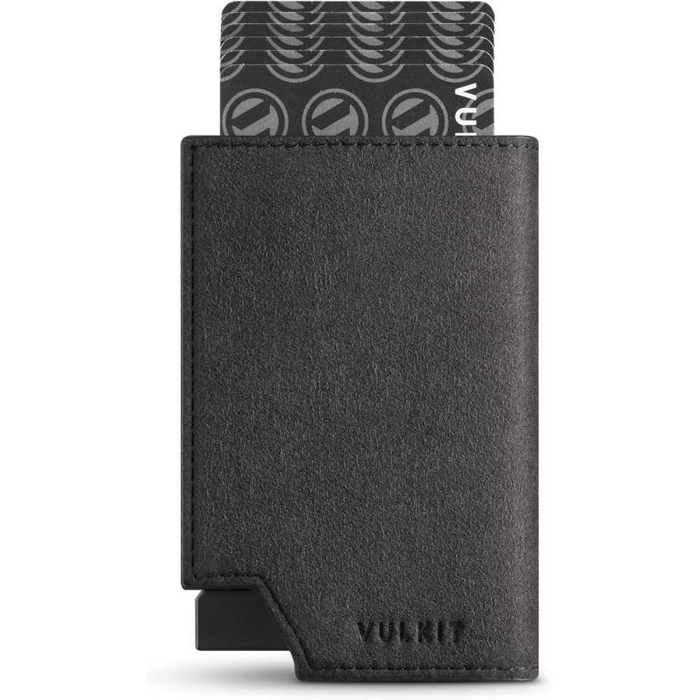 image:imageVULKIT Mens Wallet Top Grain Leather Minimalist Pop Up Card Holder RFID Blocking Magnetic Closure Leather Wallet with ID Window for Cash amp Credit Cards Up To 11 CardsPremium SuedeBlack
