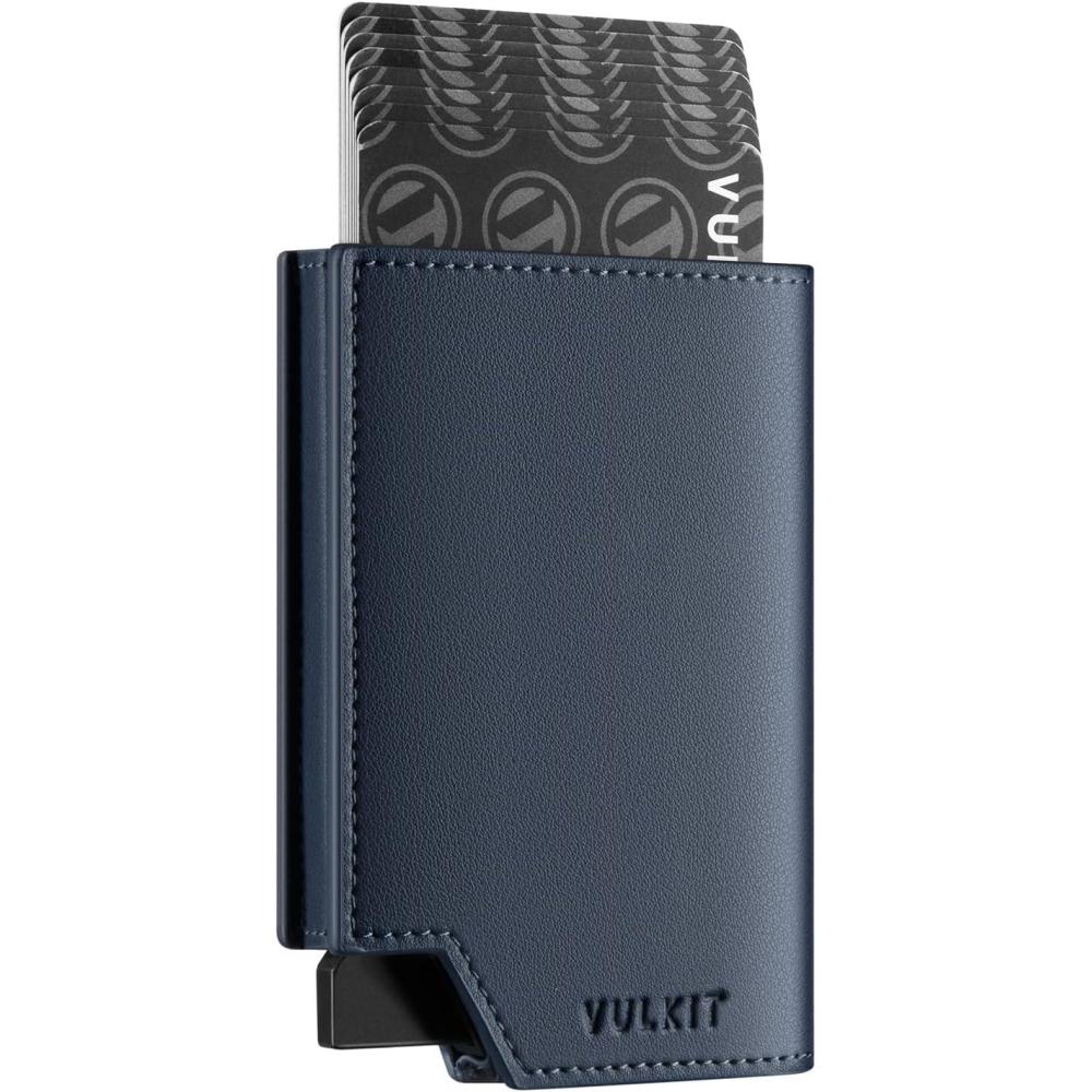 image:imageVULKIT Mens Wallet Top Grain Leather Minimalist Pop Up Card Holder RFID Blocking Magnetic Closure Leather Wallet with ID Window for Cash amp Credit Cards Up To 11 CardsNavy