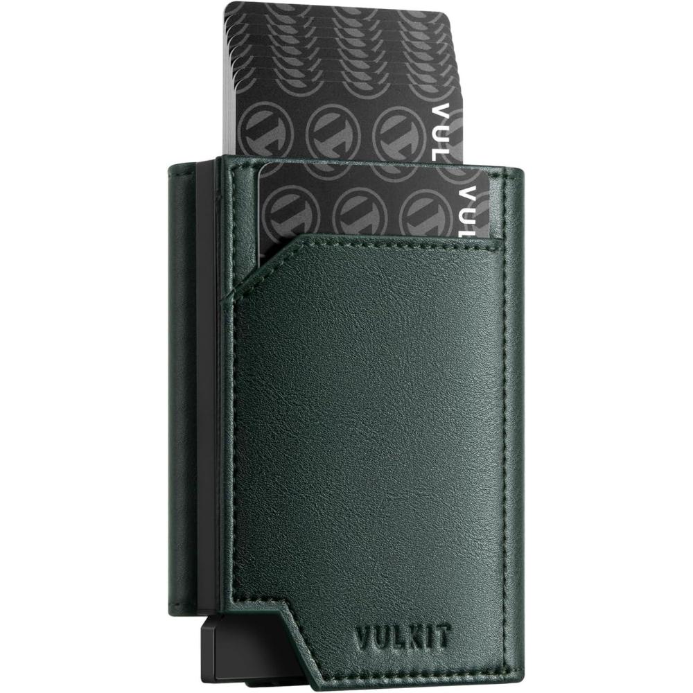image:imageVULKIT Metal Pop up Wallet for Men Smart RFID Blocking Credit Card Holder Magnetic Closure Mens Leather Trifold WalletsCarbon BlackGreen