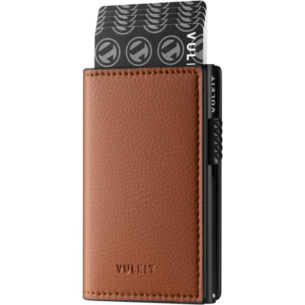image:imageVULKIT Minimalist Card Holder Wallet Top Grain Leather Pop Up Cards RFID Protection Holds Up to 10 Cards Magnetic ClosureLitchi Brown