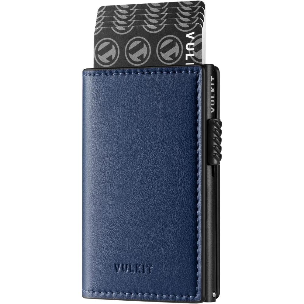 image:imageVULKIT Minimalist Card Holder Wallet Top Grain Leather Pop Up Cards RFID Protection Holds Up to 10 Cards Magnetic ClosureLitchi Navy