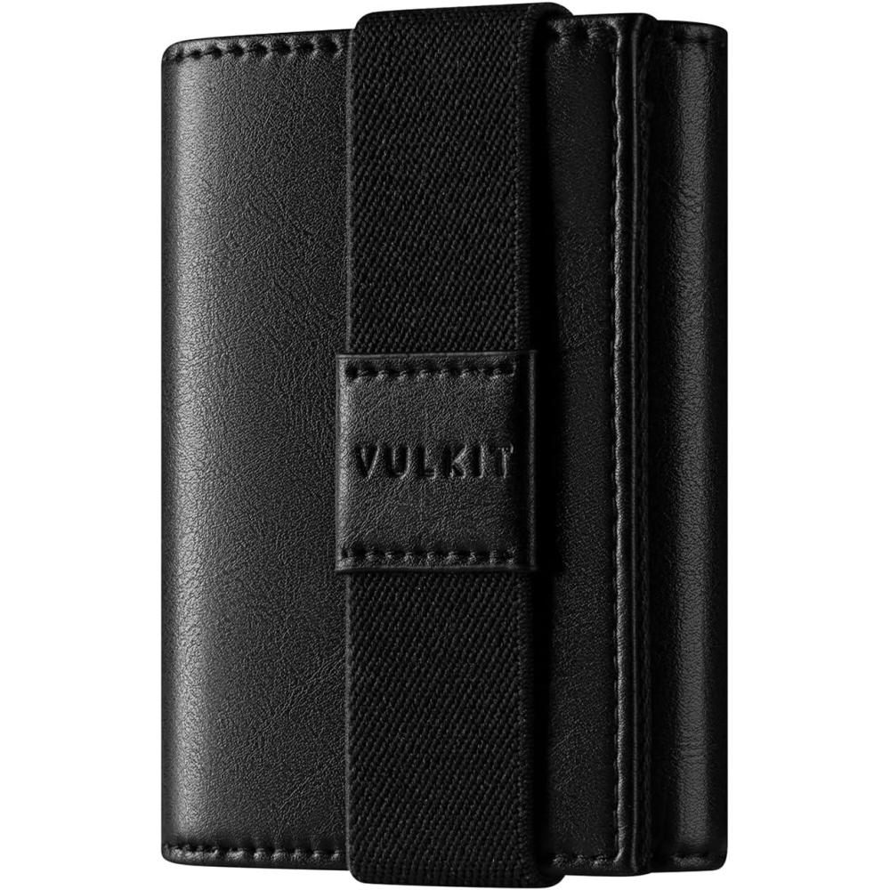 image:imageVULKIT Minimalist Leather Rfid Blocking Trifold Wallet with Elastic Band Credit Card Holder with 3 ID windows amp Zipper Pocket for Men BlackBlack