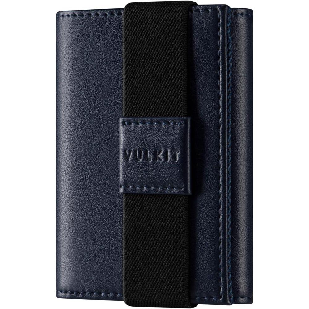 image:imageVULKIT Minimalist Leather Rfid Blocking Trifold Wallet with Elastic Band Credit Card Holder with 3 ID windows amp Zipper Pocket for Men BlackBlue
