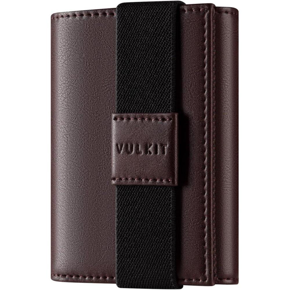 image:imageVULKIT Minimalist Leather Rfid Blocking Trifold Wallet with Elastic Band Credit Card Holder with 3 ID windows amp Zipper Pocket for Men BlackBrown