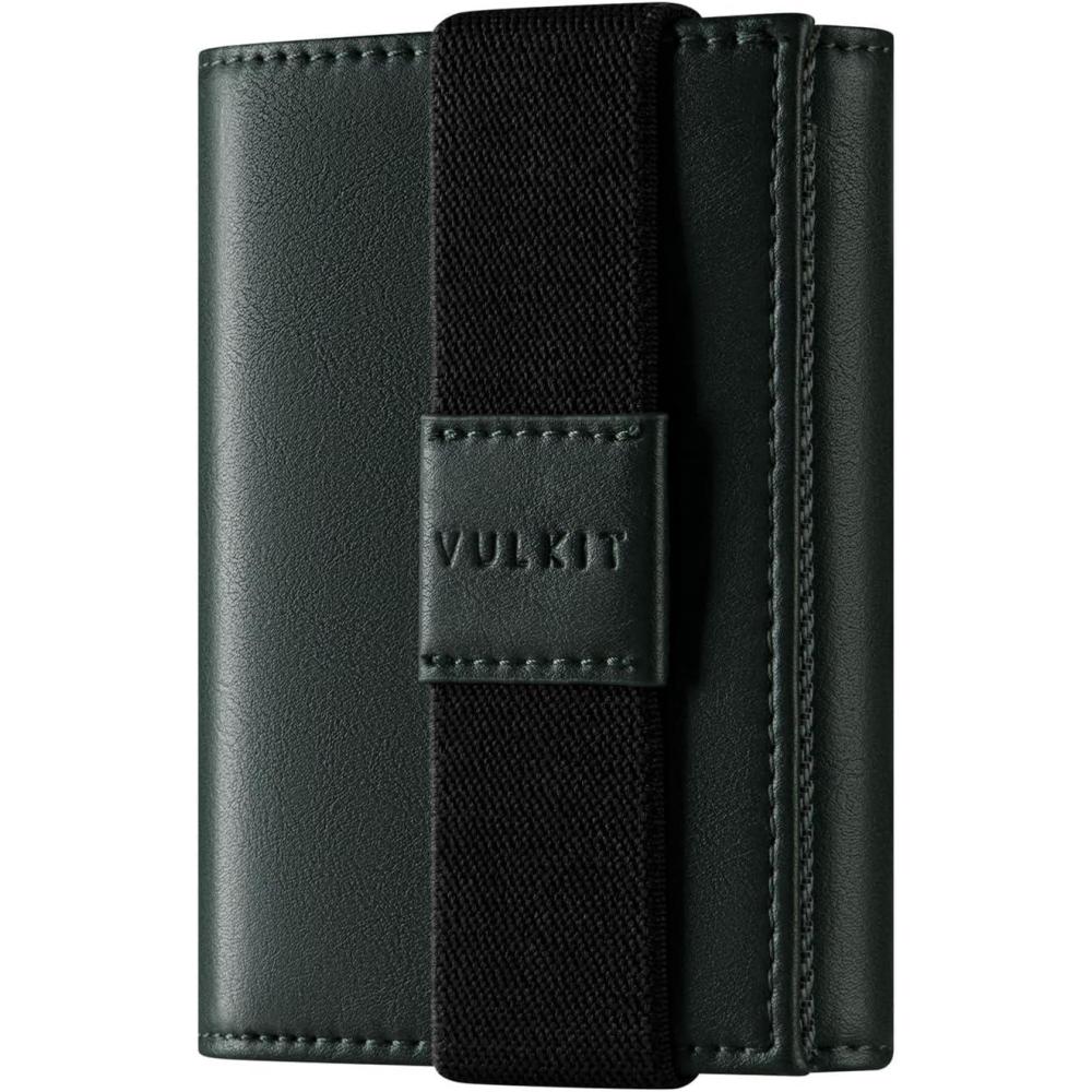 image:imageVULKIT Minimalist Leather Rfid Blocking Trifold Wallet with Elastic Band Credit Card Holder with 3 ID windows amp Zipper Pocket for Men BlackGreen