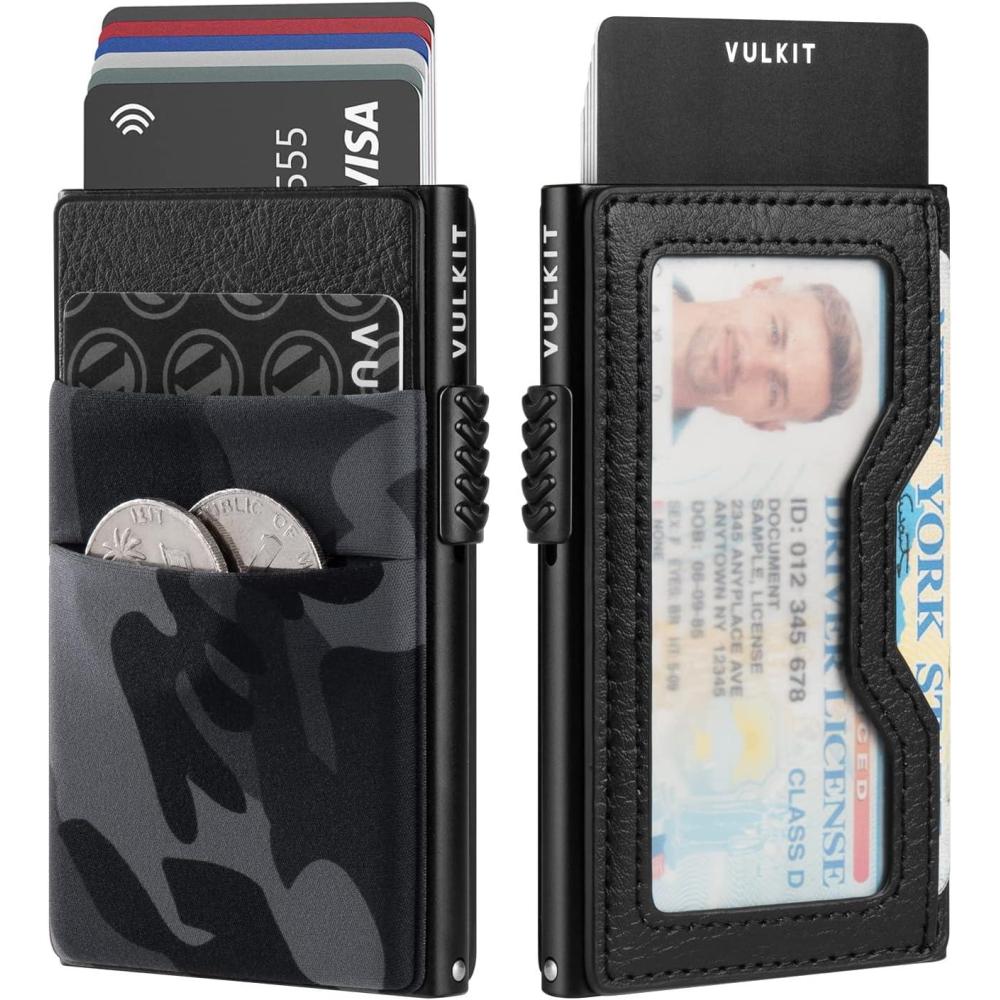 image:imageVULKIT Minimalist Wallet with ID Window amp EDC Pocket Pop Up Card Holder RFID Blocking Slim Wallet Design for Airtag Cash Coins amp Credit CardsBlack Camo