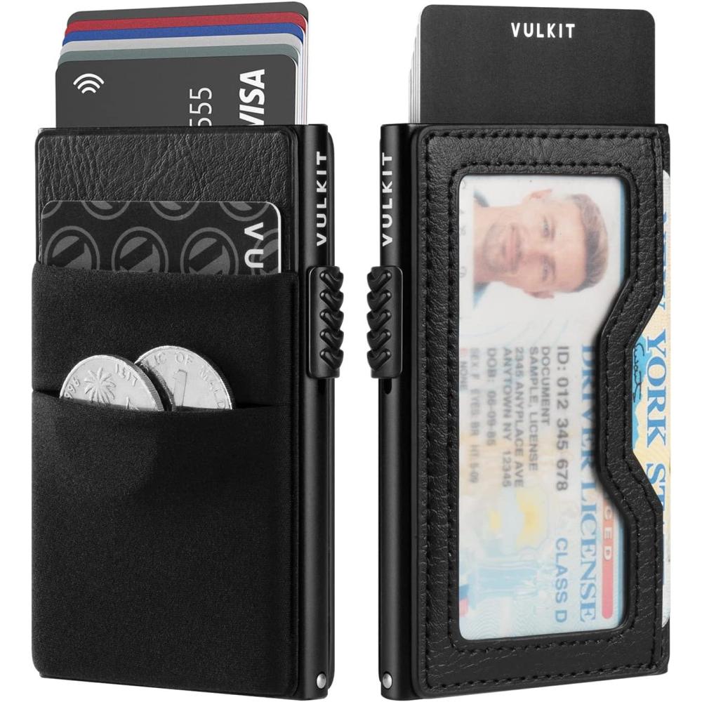 image:imageVULKIT Minimalist Wallet with ID Window amp EDC Pocket Pop Up Card Holder RFID Blocking Slim Wallet Design for Airtag Cash Coins amp Credit CardsBlack