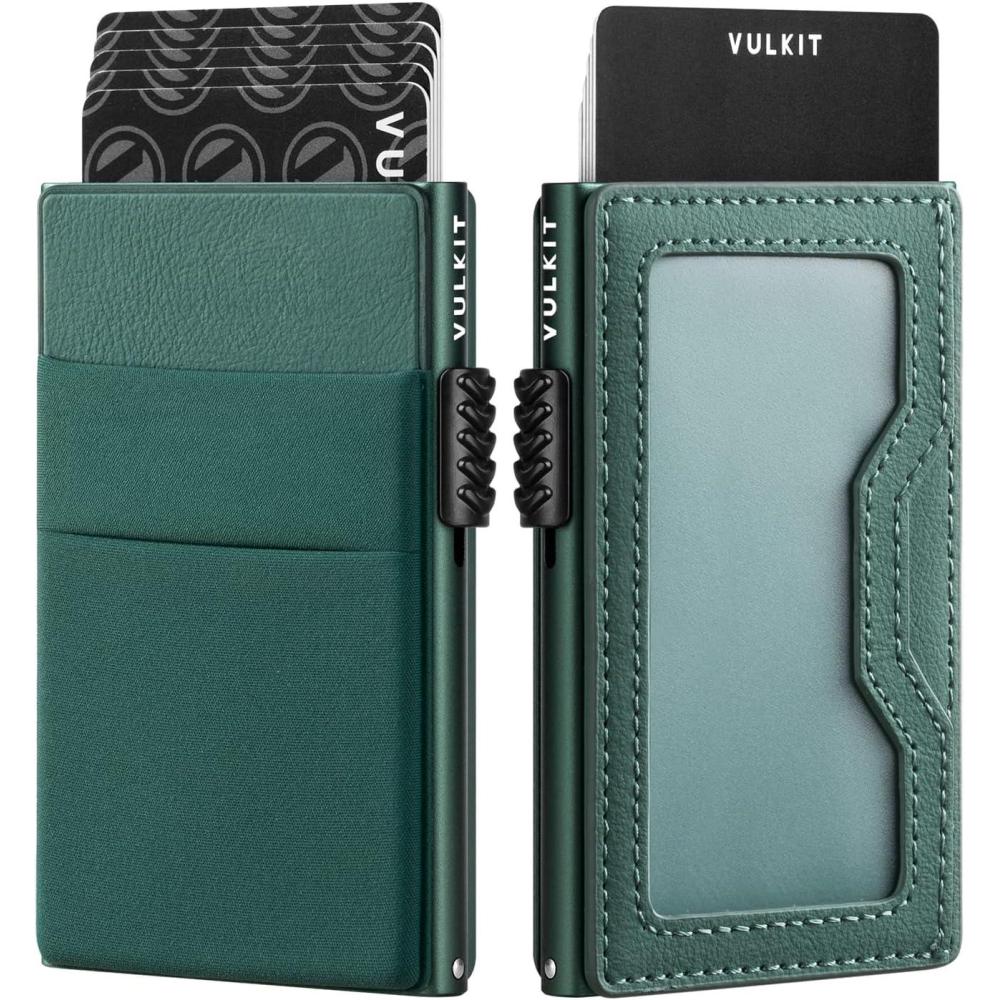 image:imageVULKIT Minimalist Wallet with ID Window amp EDC Pocket Pop Up Card Holder RFID Blocking Slim Wallet Design for Airtag Cash Coins amp Credit CardsMidnight Green