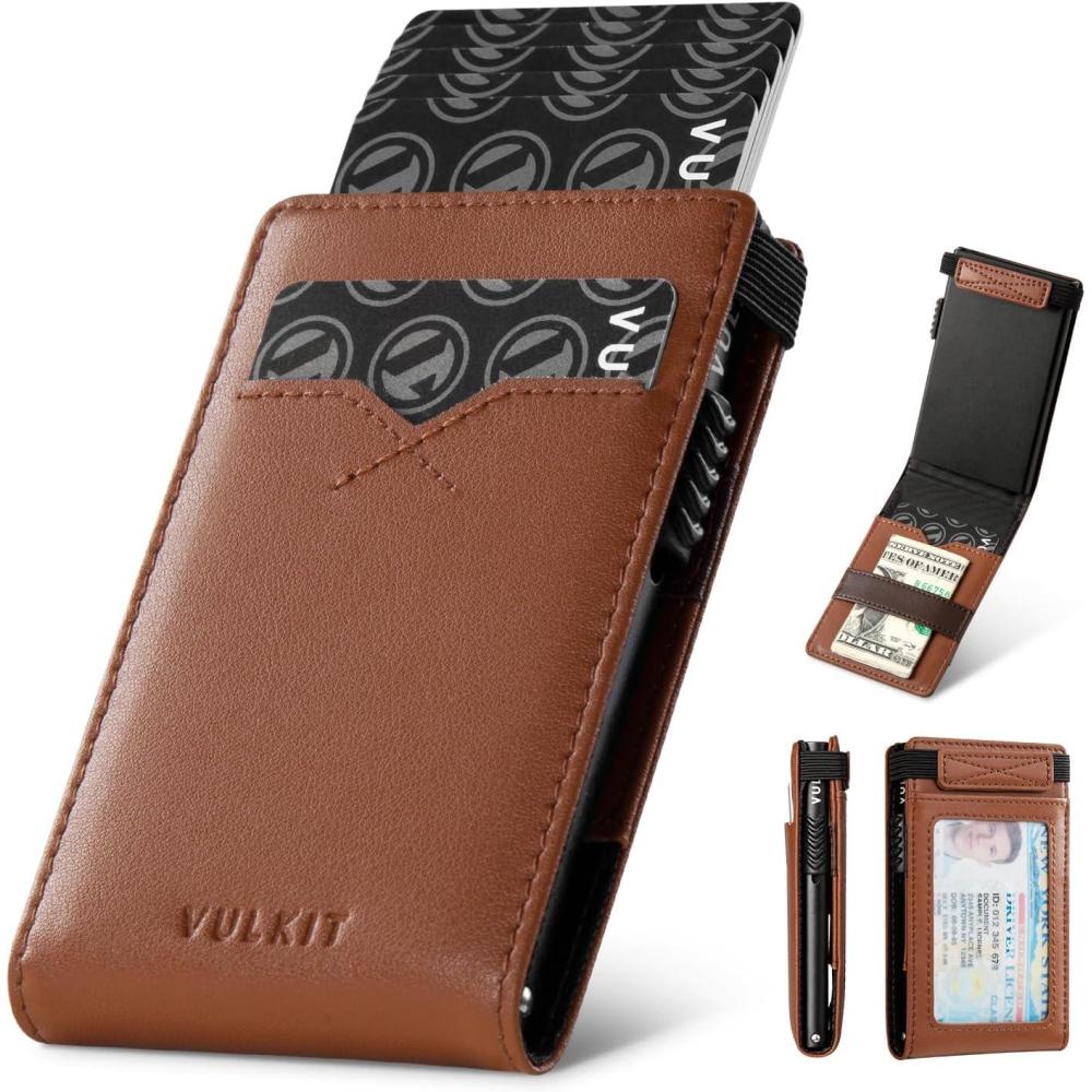 image:imageVULKIT Minimalist Wallet with Money Band RFID Wallet for Mens Pop Up Wallet Leather Wallet with ID Window amp Elastic Band ClosureBrown