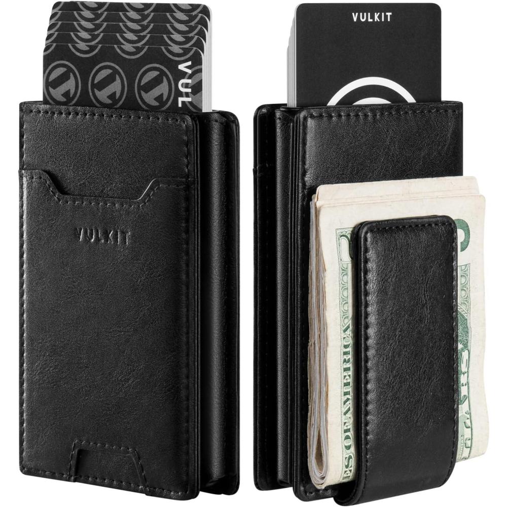 image:imageVULKIT Money Clip Wallet Pop Up Card Holder RFID Protection Mens Leather Wallet 2IN1 Business Card Holder For 7 Cards amp 15 BillsBlack