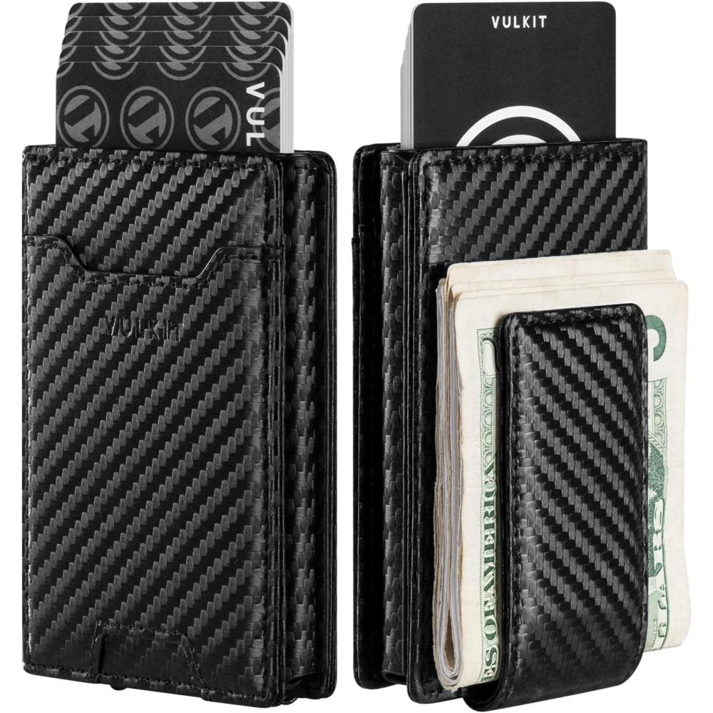 image:imageVULKIT Money Clip Wallet Pop Up Card Holder RFID Protection Mens Leather Wallet 2IN1 Business Card Holder For 7 Cards amp 15 BillsCF Black