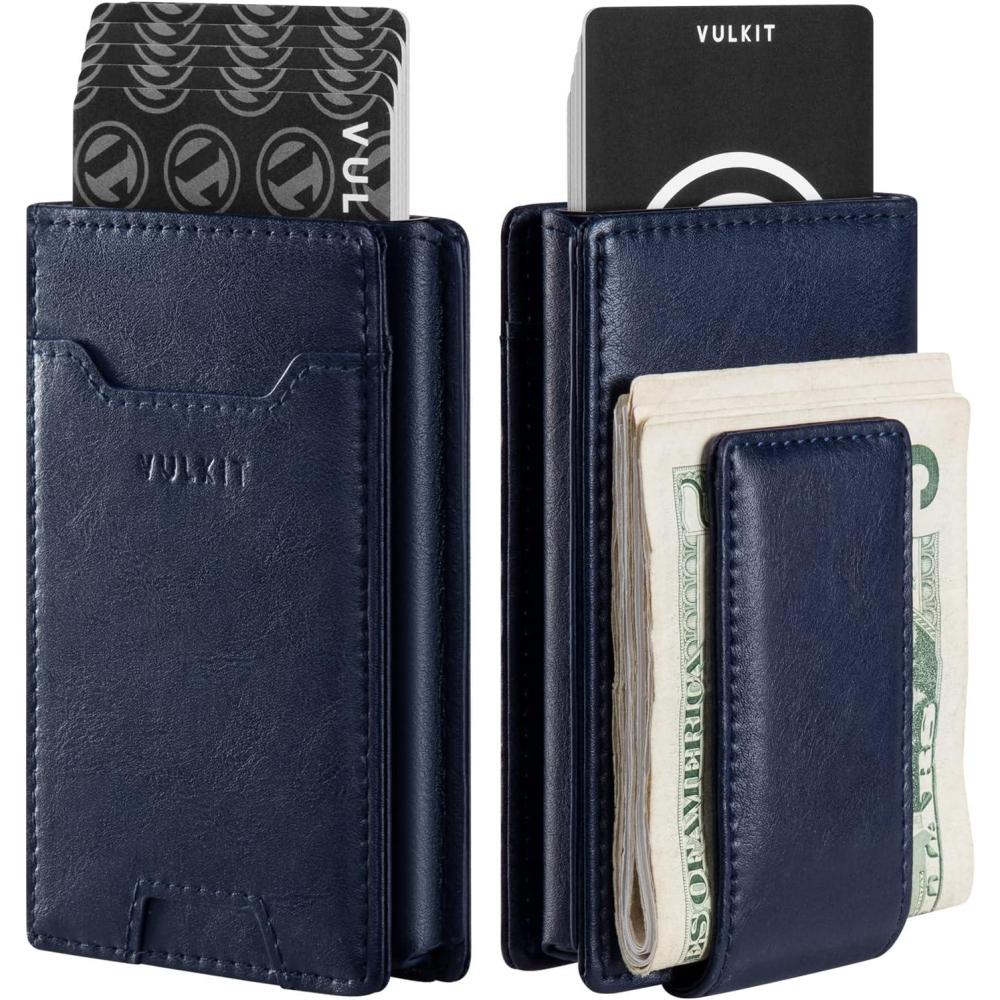 image:imageVULKIT Money Clip Wallet Pop Up Card Holder RFID Protection Mens Leather Wallet 2IN1 Business Card Holder For 7 Cards amp 15 BillsNavy