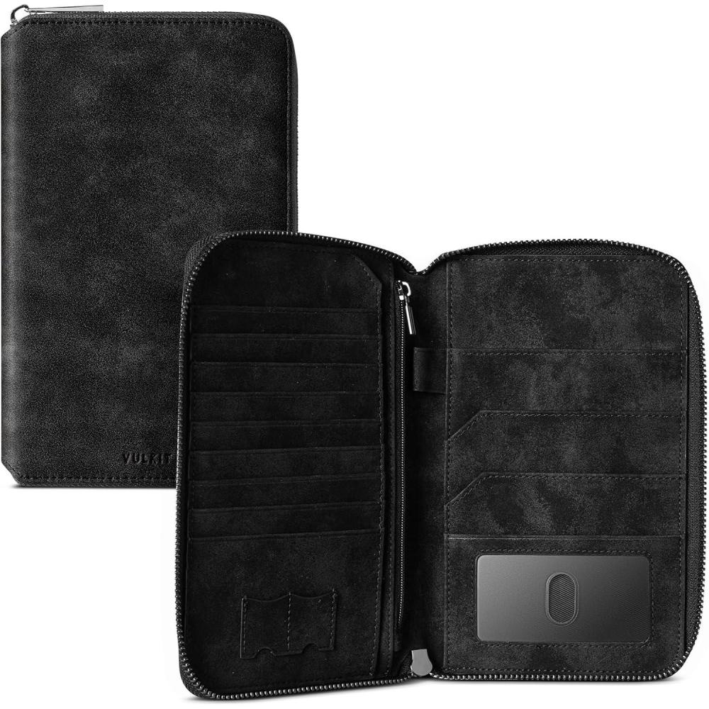 image:imageVULKIT Passport Holder for Travel Family Multiple Travel Document Holder Wallet for a Family of 34 RFID Blocking Passport Bag Document Organizer Pouch for Credit Cards ID Sim Card Cash CoinsBlack