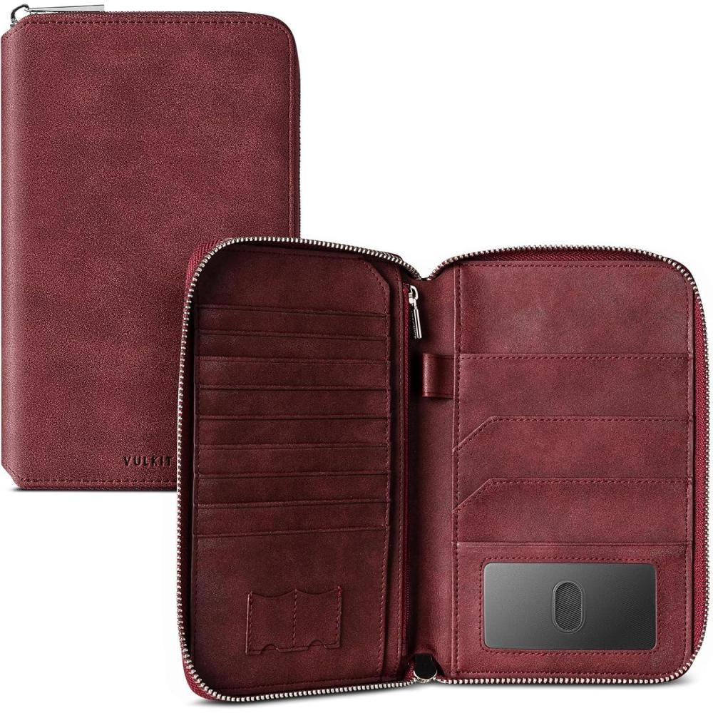 image:imageVULKIT Passport Holder for Travel Family Multiple Travel Document Holder Wallet for a Family of 34 RFID Blocking Passport Bag Document Organizer Pouch for Credit Cards ID Sim Card Cash CoinsBurgundy