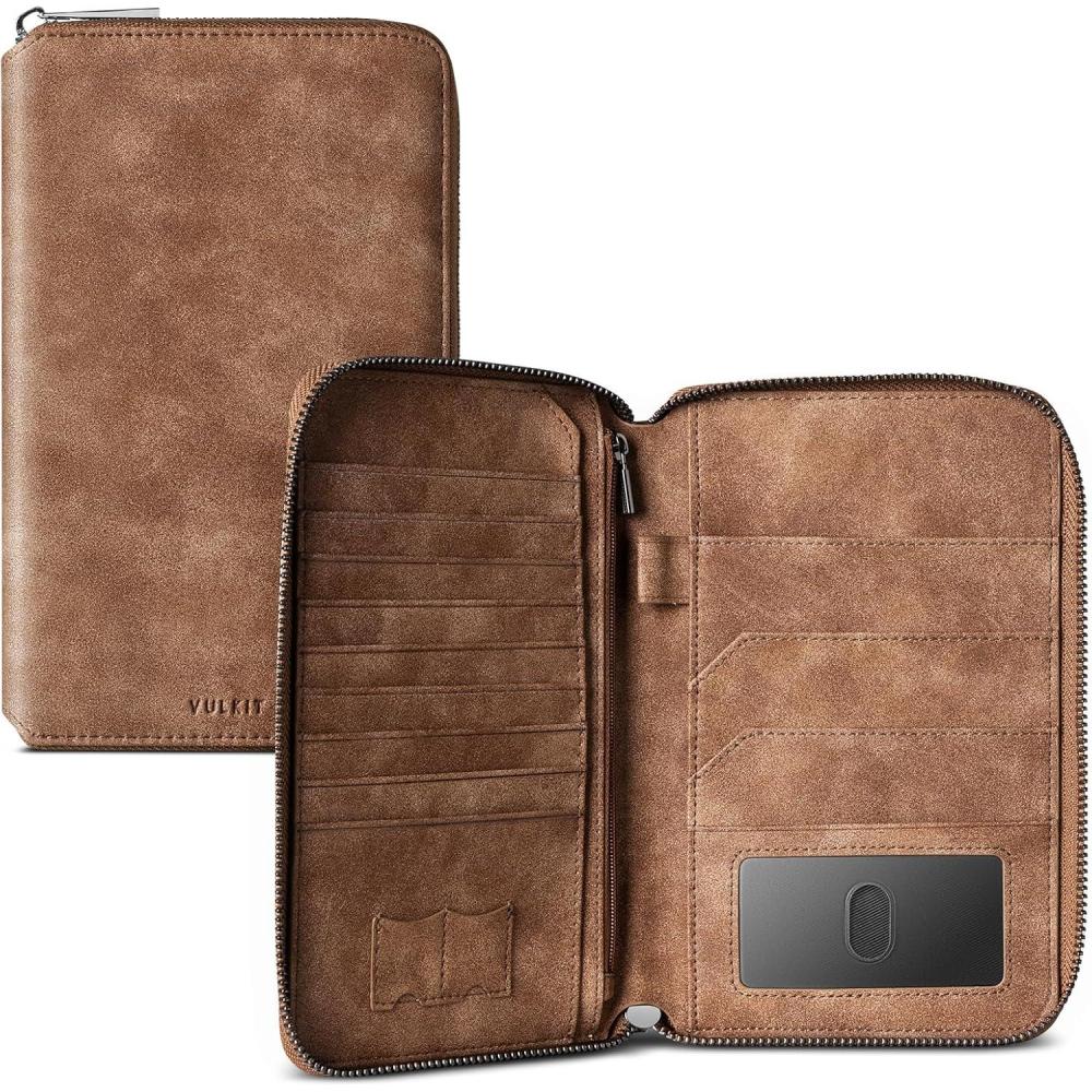 image:imageVULKIT Passport Holder for Travel Family Multiple Travel Document Holder Wallet for a Family of 34 RFID Blocking Passport Bag Document Organizer Pouch for Credit Cards ID Sim Card Cash CoinsTan