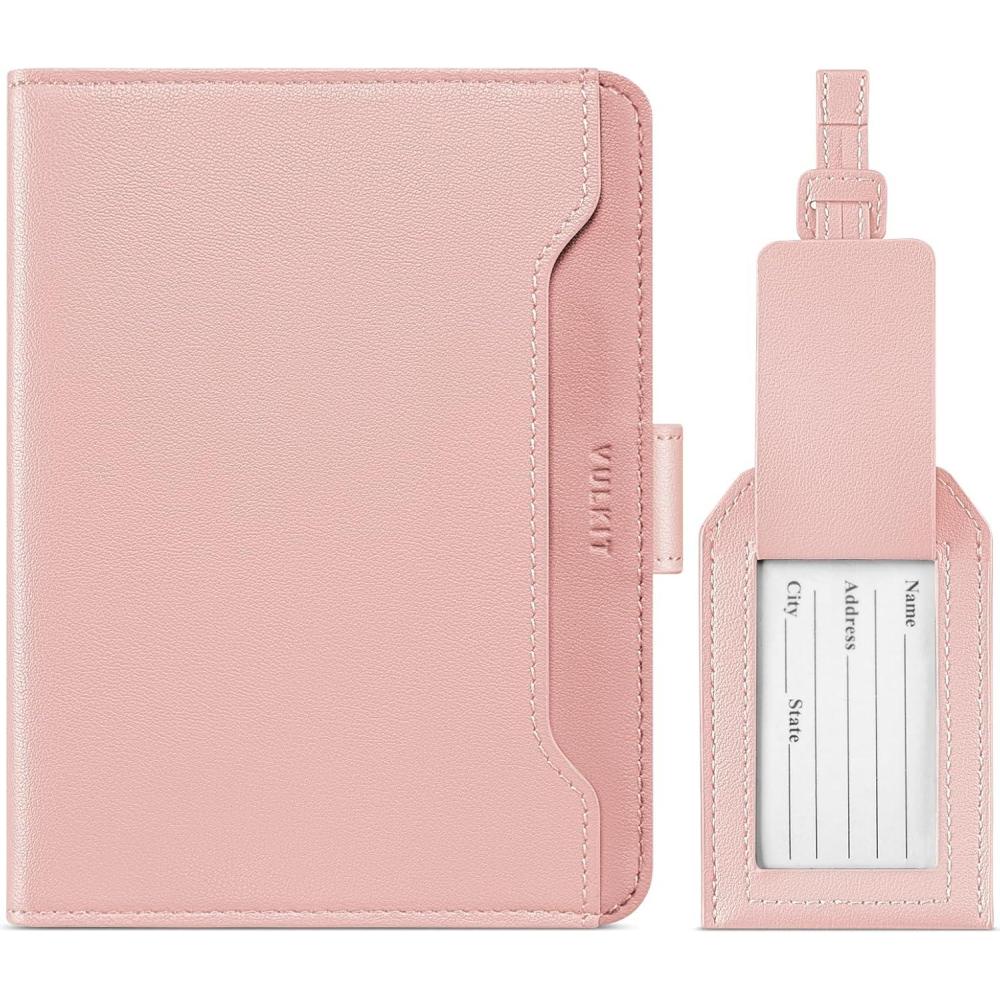 image:imageVULKIT Passport Holder for Travel RFID Blocking Travel Wallet for Women amp Men Passport Cover with Luggage Tag for Suitcases Magnetic Closure Passport Case Holds ID Card 5 Cards Tickets CashTwotone Pink