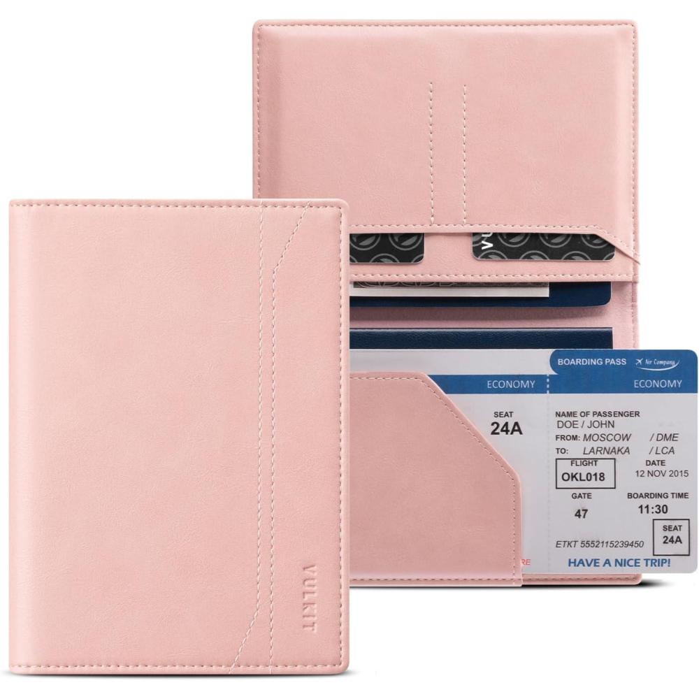 image:imageVULKIT Passport Holder for Travel Rfid Blocking Passport Cover Slim Travel Wallet for Men amp Women Cognac BrownDusty Pink