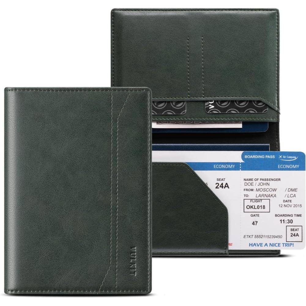 image:imageVULKIT Passport Holder for Travel Rfid Blocking Passport Cover Slim Travel Wallet for Men amp Women Cognac BrownPine Green