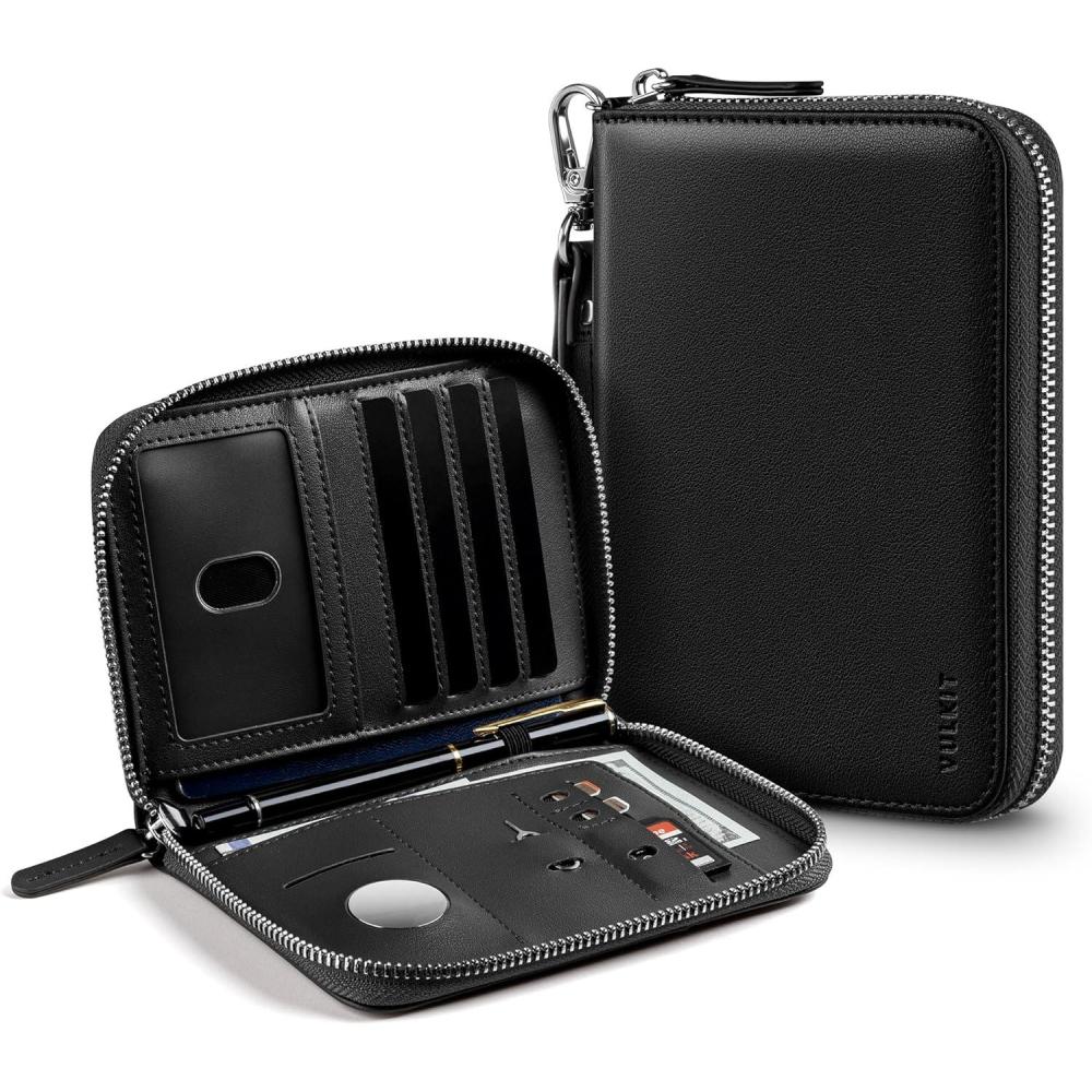 image:imageVULKIT Passport Holder for Travel with Airtag Slot Premium Nappa Leather RFID Blocking Zipper Closure with Wrist Strap Travel Document OrganizerNappa Black