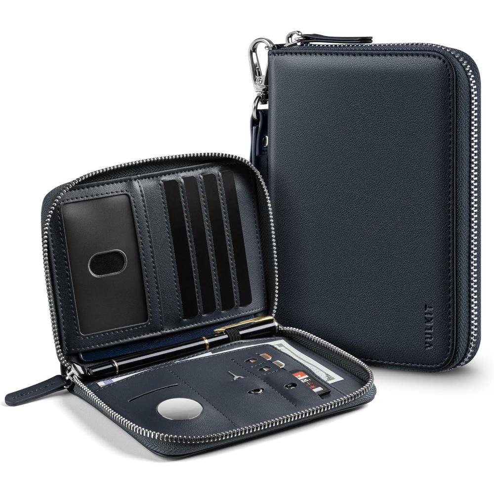 image:imageVULKIT Passport Holder for Travel with Airtag Slot Premium Nappa Leather RFID Blocking Zipper Closure with Wrist Strap Travel Document OrganizerNappa Navy