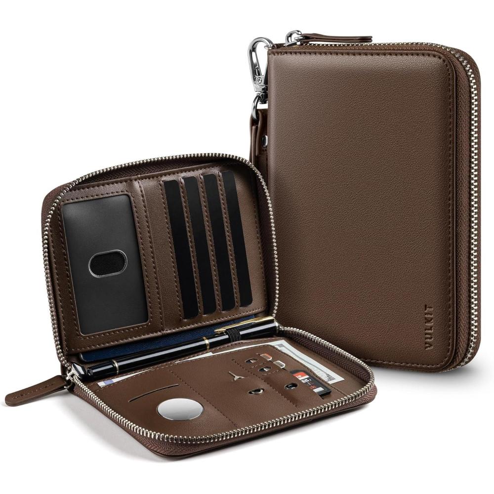 image:imageVULKIT Passport Holder for Travel with Airtag Slot Premium Nappa Leather RFID Blocking Zipper Closure with Wrist Strap Travel Document OrganizerNappa Espresso