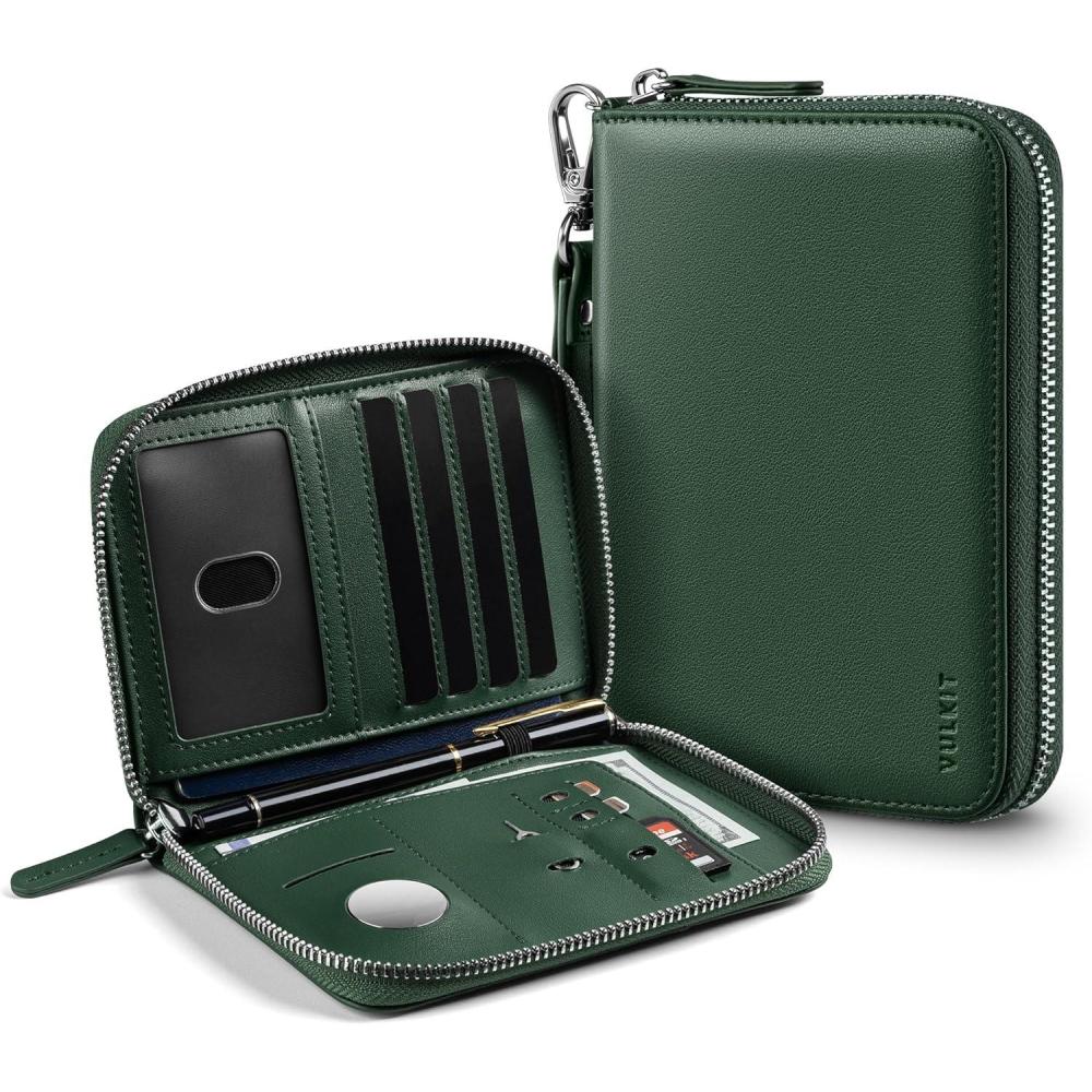 image:imageVULKIT Passport Holder for Travel with Airtag Slot Premium Nappa Leather RFID Blocking Zipper Closure with Wrist Strap Travel Document OrganizerNappa Olive
