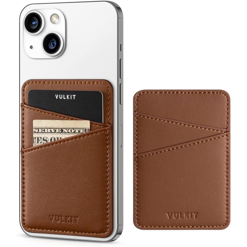 image:imageVULKIT Phone Card Holder Wallet Leather Adhesive Pocket RFID Blocking Credit Card Sleeves Stick Back of Phone Smartphones BlackBrown