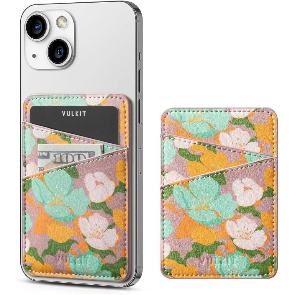 image:imageVULKIT Phone Card Holder Wallet Leather Adhesive Pocket RFID Blocking Credit Card Sleeves Stick Back of Phone Smartphones BlackFlower
