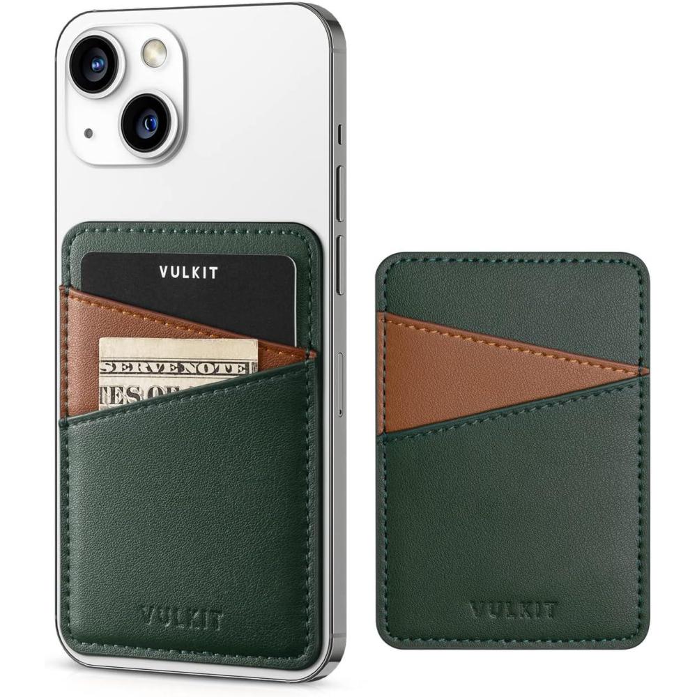 image:imageVULKIT Phone Card Holder Wallet Leather Adhesive Pocket RFID Blocking Credit Card Sleeves Stick Back of Phone Smartphones BlackGreen