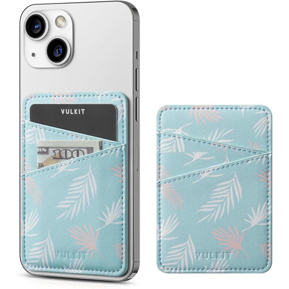 image:imageVULKIT Phone Card Holder Wallet Leather Adhesive Pocket RFID Blocking Credit Card Sleeves Stick Back of Phone Smartphones BlackLeaf Blue