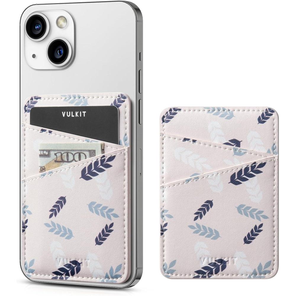 image:imageVULKIT Phone Card Holder Wallet Leather Adhesive Pocket RFID Blocking Credit Card Sleeves Stick Back of Phone Smartphones BlackLeaf White
