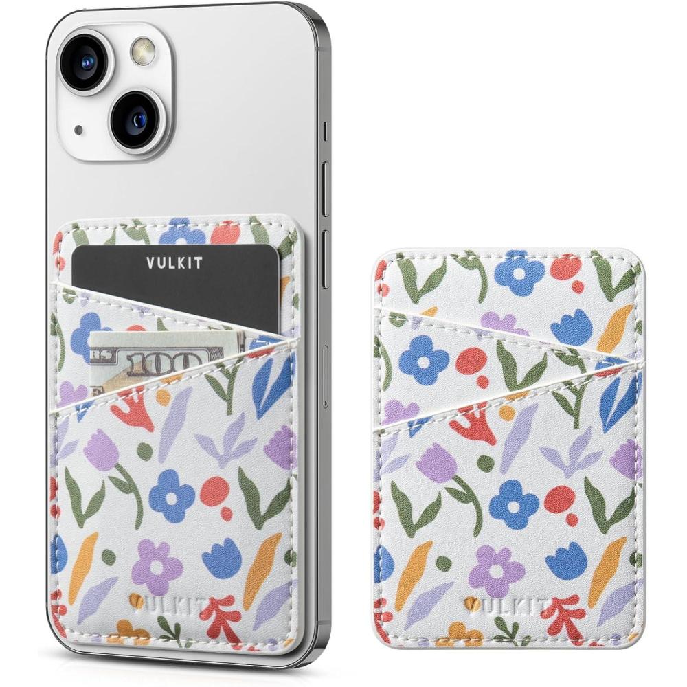 image:imageVULKIT Phone Card Holder Wallet Leather Adhesive Pocket RFID Blocking Credit Card Sleeves Stick Back of Phone Smartphones BlackWildflower