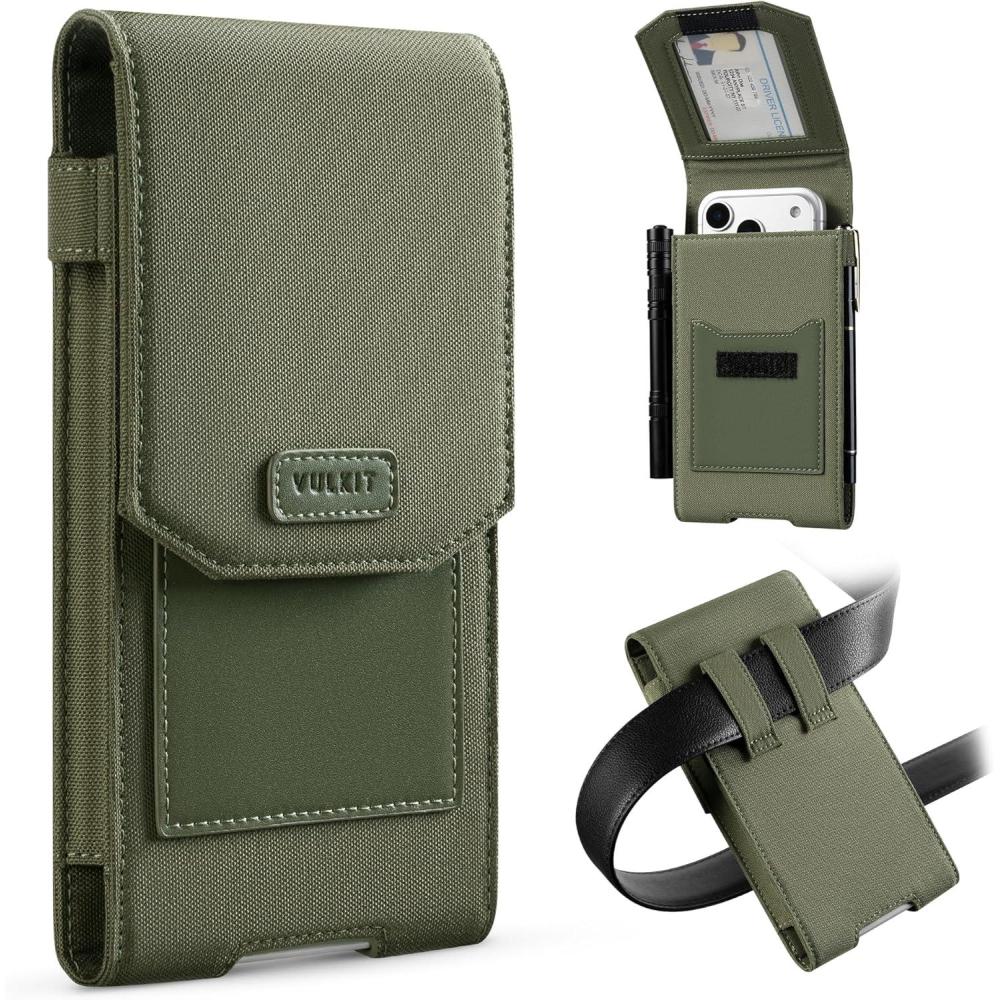 image:imageVULKIT Phone Holster Fits iPhone Series Galaxy Series Moto UniversalFitted with ID Window amp Pen Slot Heavy Duty Nylon Phone Belt HolderArmy Green
