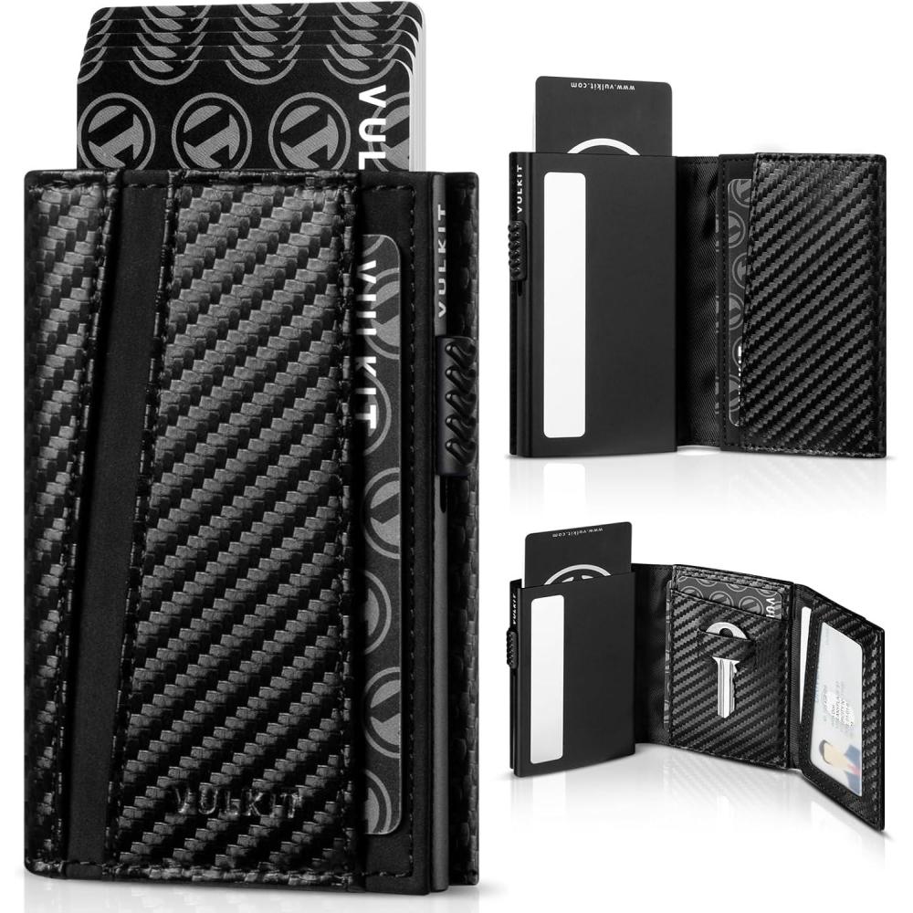 image:imageVULKIT Pop Up Card Holder Minimalist Wallet Metal Card Case RFID Blocking With Coin Pocket And Key Hole For Men Carbon Fiber BlackCarbon Fiber Black