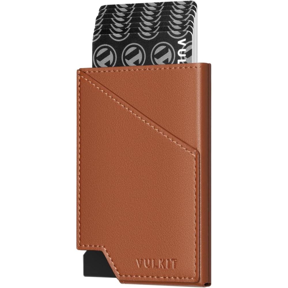 image:imageVULKIT Pop up Card Wallet RFID Blocking Slim Aluminum Metal Bank Card Holder Case with Business Money Pocket for Credit Cards Notes and Coins BlackBrown