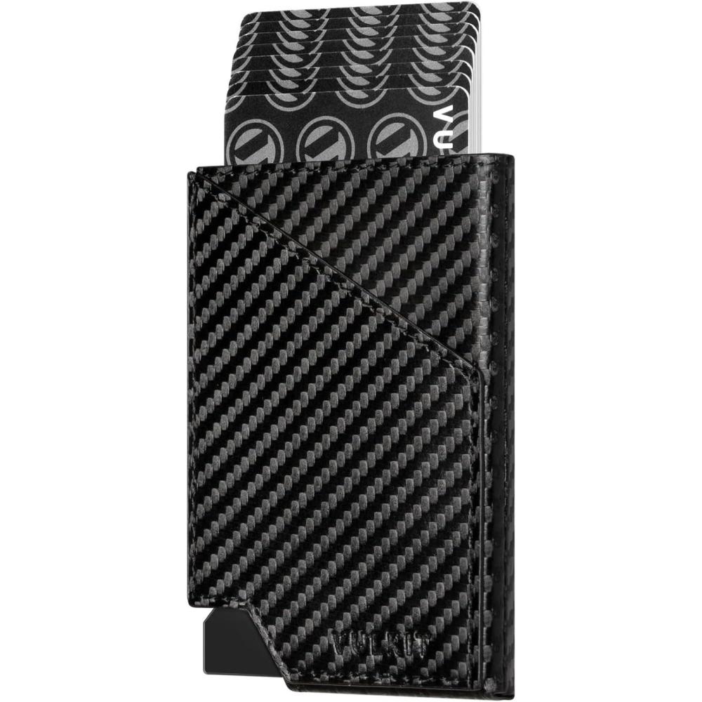 image:imageVULKIT Pop up Card Wallet RFID Blocking Slim Aluminum Metal Bank Card Holder Case with Business Money Pocket for Credit Cards Notes and Coins BlackCarbon Fiber Black