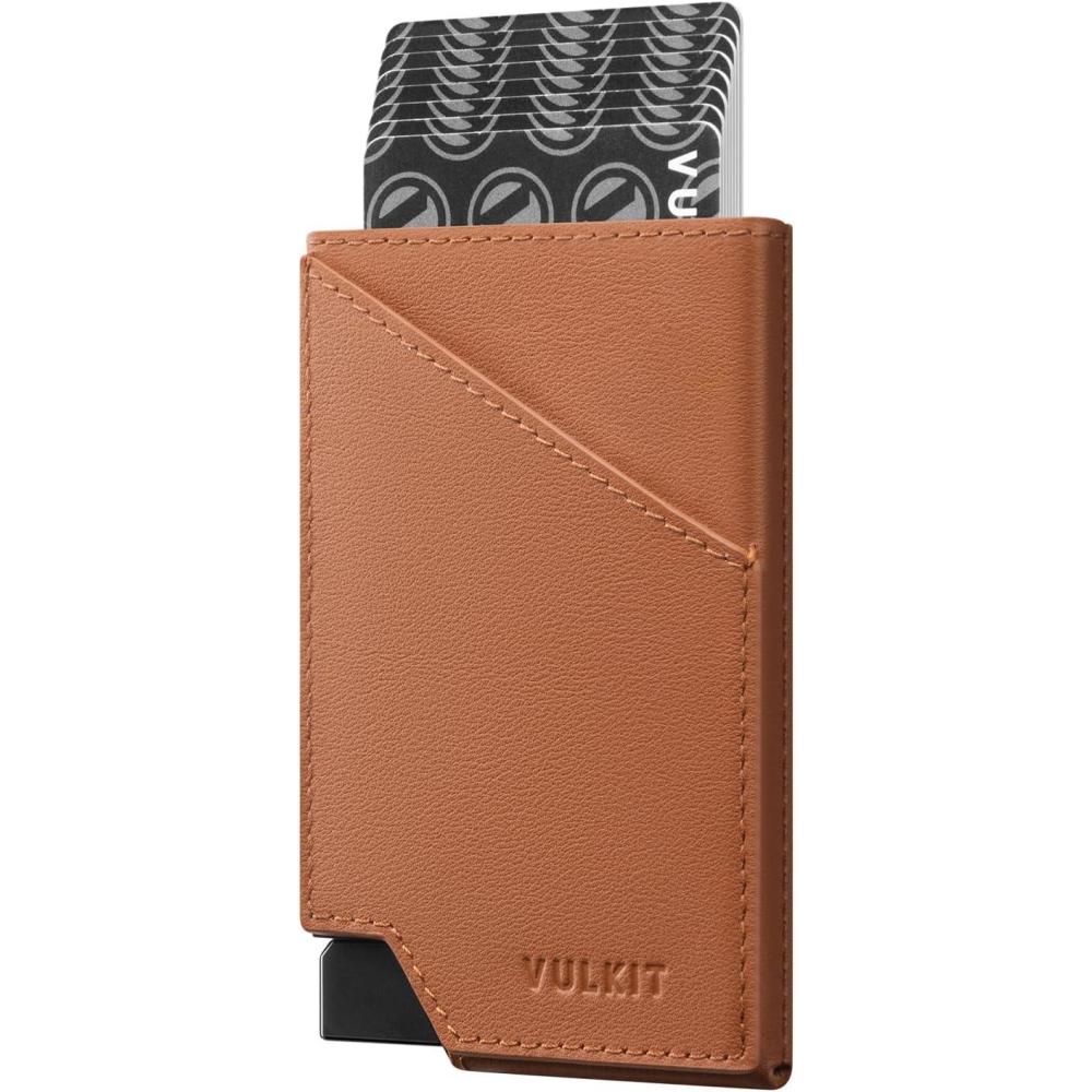 image:imageVULKIT Pop up Card Wallet RFID Blocking Slim Aluminum Metal Bank Card Holder Case with Business Money Pocket for Credit Cards Notes and Coins BlackTopGrain Cowhide Brown