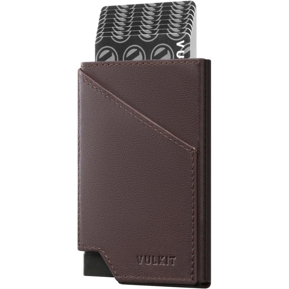 image:imageVULKIT Pop up Card Wallet RFID Blocking Slim Aluminum Metal Bank Card Holder Case with Business Money Pocket for Credit Cards Notes and Coins BlackTopGrain Cowhide Espresso